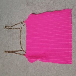 Open back barbie pink crop top with gold chains.Nwot. Size 4.Pretty Little Thing